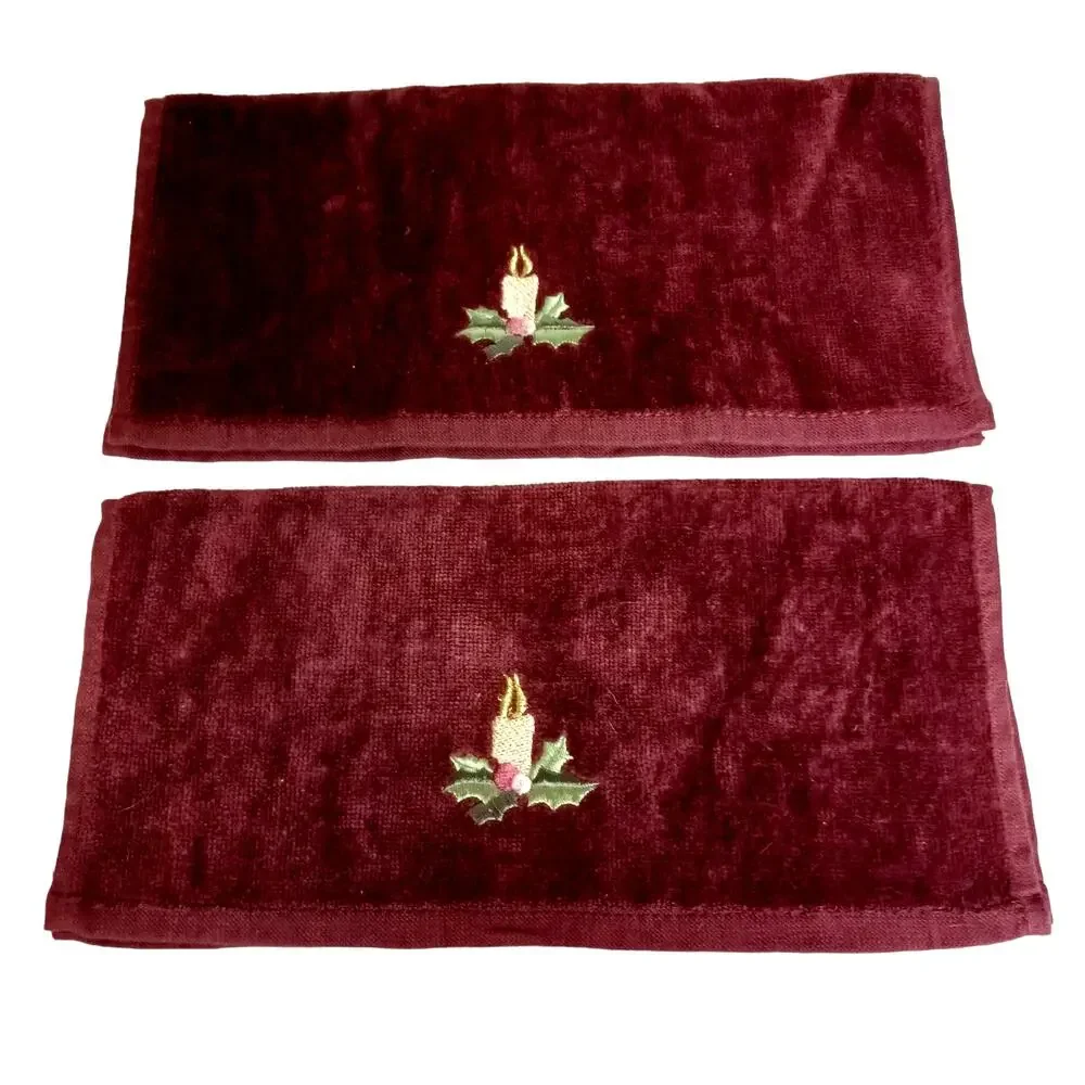 🛀🏻🍂2 Vintage Brown Holiday Washcloth Set Candle Holly Embroidered Christmas